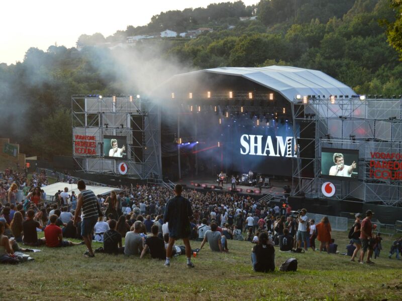 Riesiges Open-Air-Festival mit Menschenmassen auf grüner Wiese