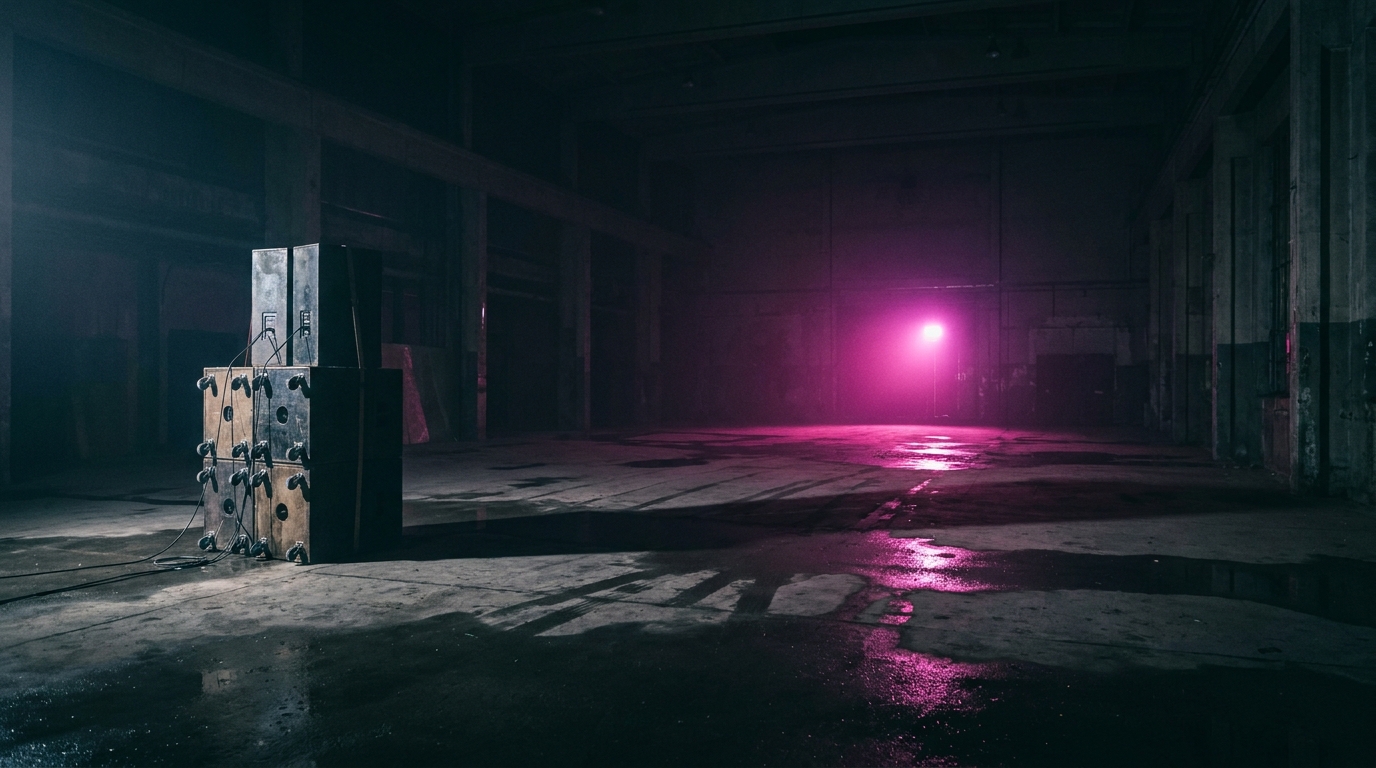Verlassene Berliner Industriehalle in der Nacht: dunkle Raumtiefe, einzelne aufgestellte Boxen-Türme links, in der Ferne magenta-pinkfarbener LED-Spotlight als einziger Lichtpunkt. Boden Beton mit Was
