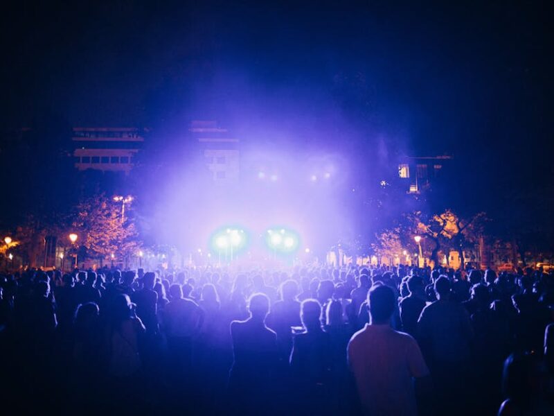 Konzertcrowd in der Nacht mit bunten Bühnenlichtern als Sinnbild für das Festival-Feeling jenseits Coachella