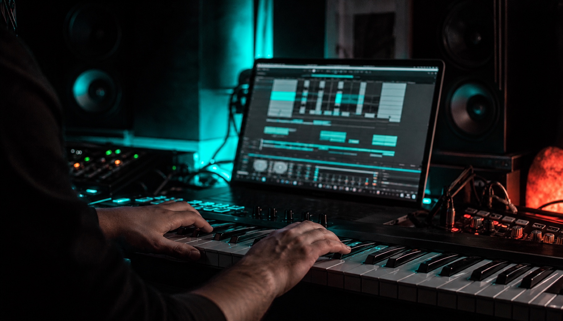 Naheinstellung eines Musikproduzenten an einer DAW auf dem Laptop-Bildschirm, Haende am MIDI-Keyboard, dunkles Homestudio mit Studiomonitoren, Teal-Stagelight-Akzente, dokumentarische Musikproduktion,