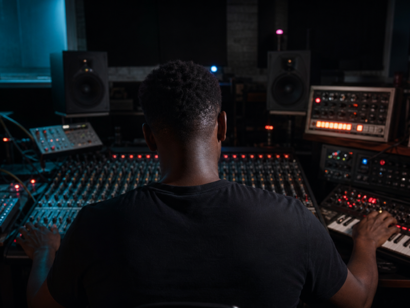 Musikproduzent von hinten an einem grossen Studio-Mischpult mit Synthesizern, dunkles Studio