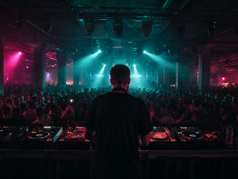 DJ-Booth-Backshot in einem dunklen Berliner Club mit teal-magenta Stage-Light und dichter Crowd vor der Bühne