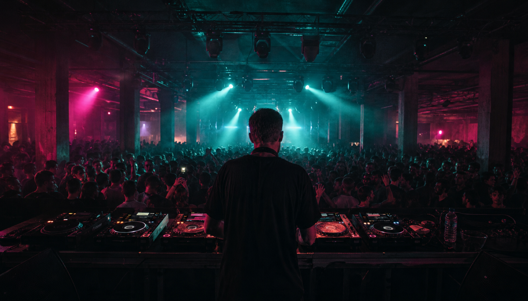 DJ-Booth-Backshot in einem dunklen Berliner Club mit teal-magenta Stage-Light und dichter Crowd vor der Bühne