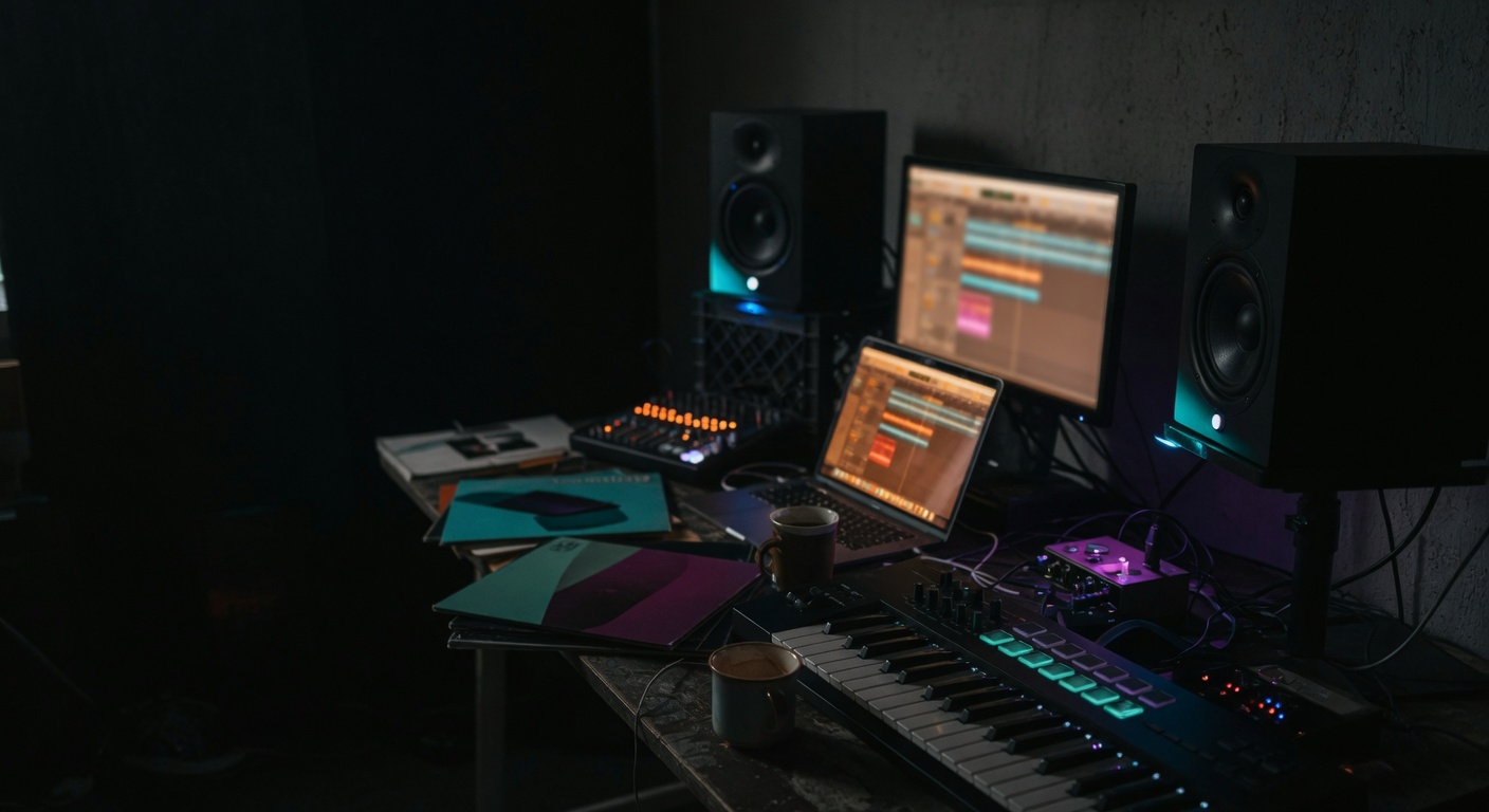 Homestudio bei Nacht mit Studiomonitoren, Laptop mit DAW und MIDI-Keyboard