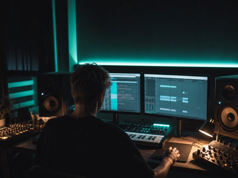 Junger EDM-Producer im modernen Bedroom-Studio bei Nacht. Hände am MIDI-Controller und Maus, geöffnete DAW-Session auf zwei Displays (keine lesbare Schrift, keine Plugin-Logos). Studio-Monitore an den