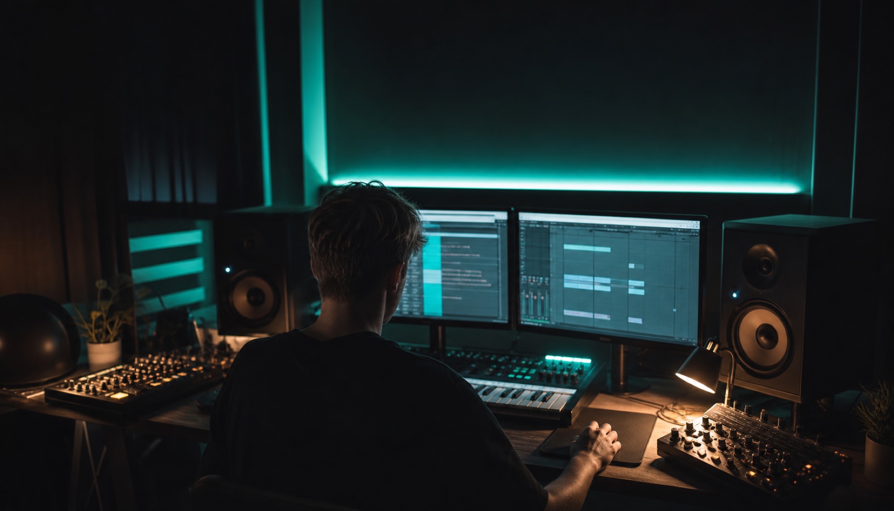 Junger EDM-Producer im modernen Bedroom-Studio bei Nacht. Hände am MIDI-Controller und Maus, geöffnete DAW-Session auf zwei Displays (keine lesbare Schrift, keine Plugin-Logos). Studio-Monitore an den