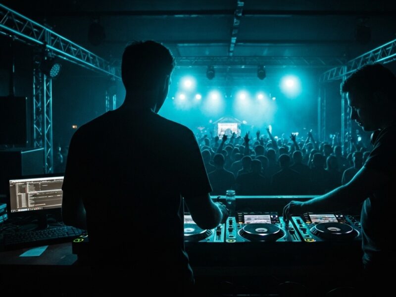 KI-Avatare und virtuelle Kuenstler in der Musik: dunkle Konzertbuehne, eine durchscheinende holografische Saenger-Silhouette an einem Mikrofonstaender, dokumentarische Boiler-Room-Aesthetik, Teal- und