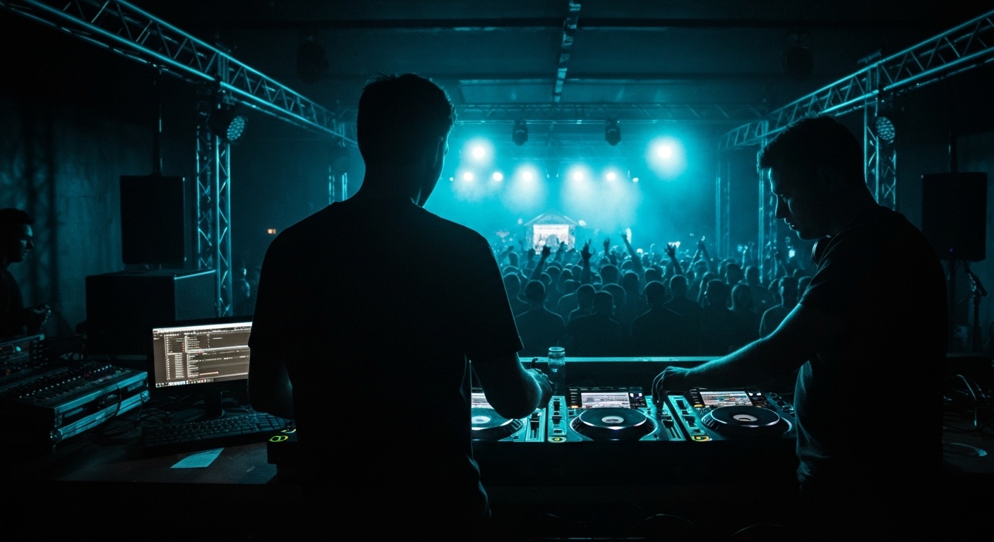 KI-Avatare und virtuelle Kuenstler in der Musik: dunkle Konzertbuehne, eine durchscheinende holografische Saenger-Silhouette an einem Mikrofonstaender, dokumentarische Boiler-Room-Aesthetik, Teal- und