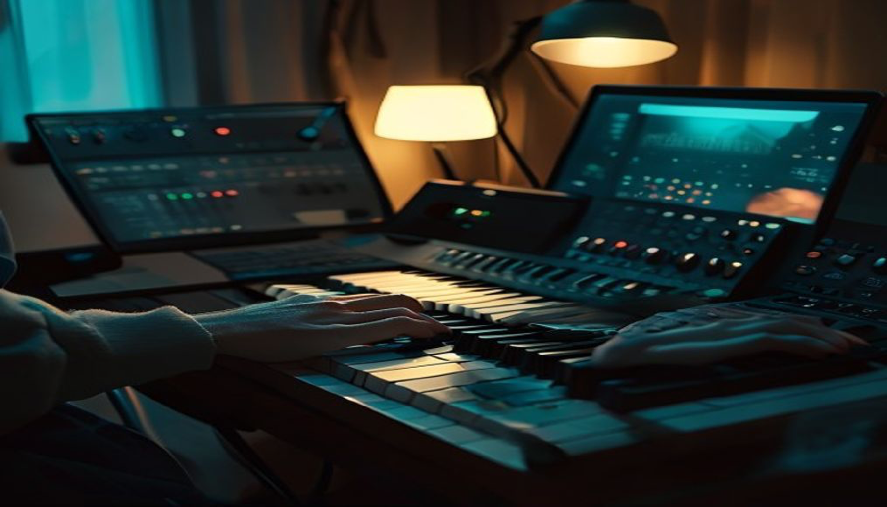 MIDI keyboard controller with pads next to a laptop in a home studio