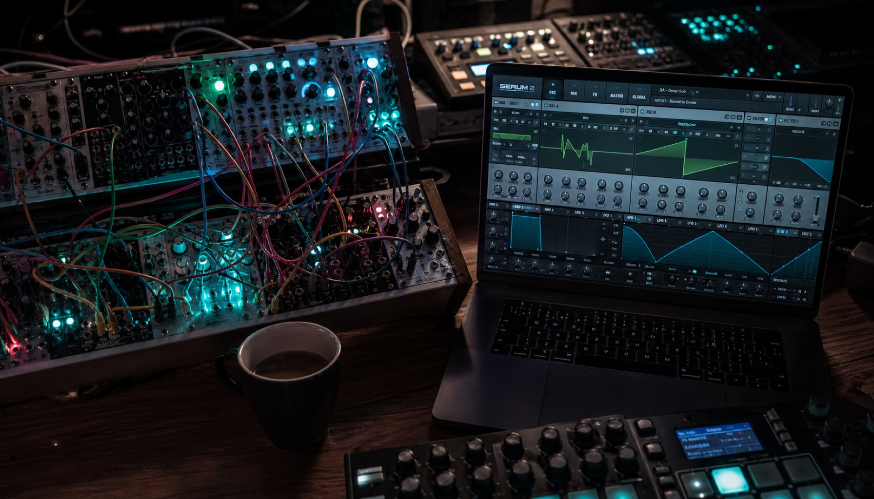 Nahaufnahme eines modernen Musikproduktions-Setups mit Modularsynthesizer und Software-Synthesizer auf dem Laptop.