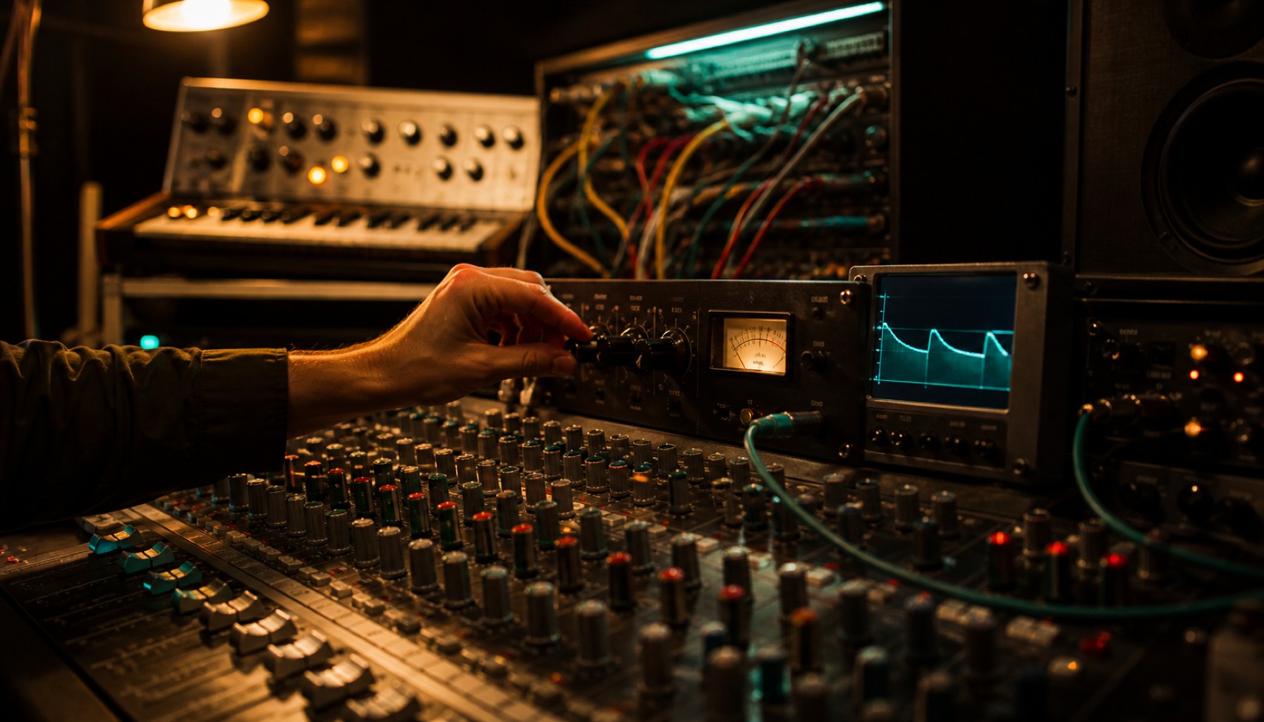 Hand justiert Regler an analogem Studioequipment, davor Mischpult, Oszilloskop und Synthesizer.