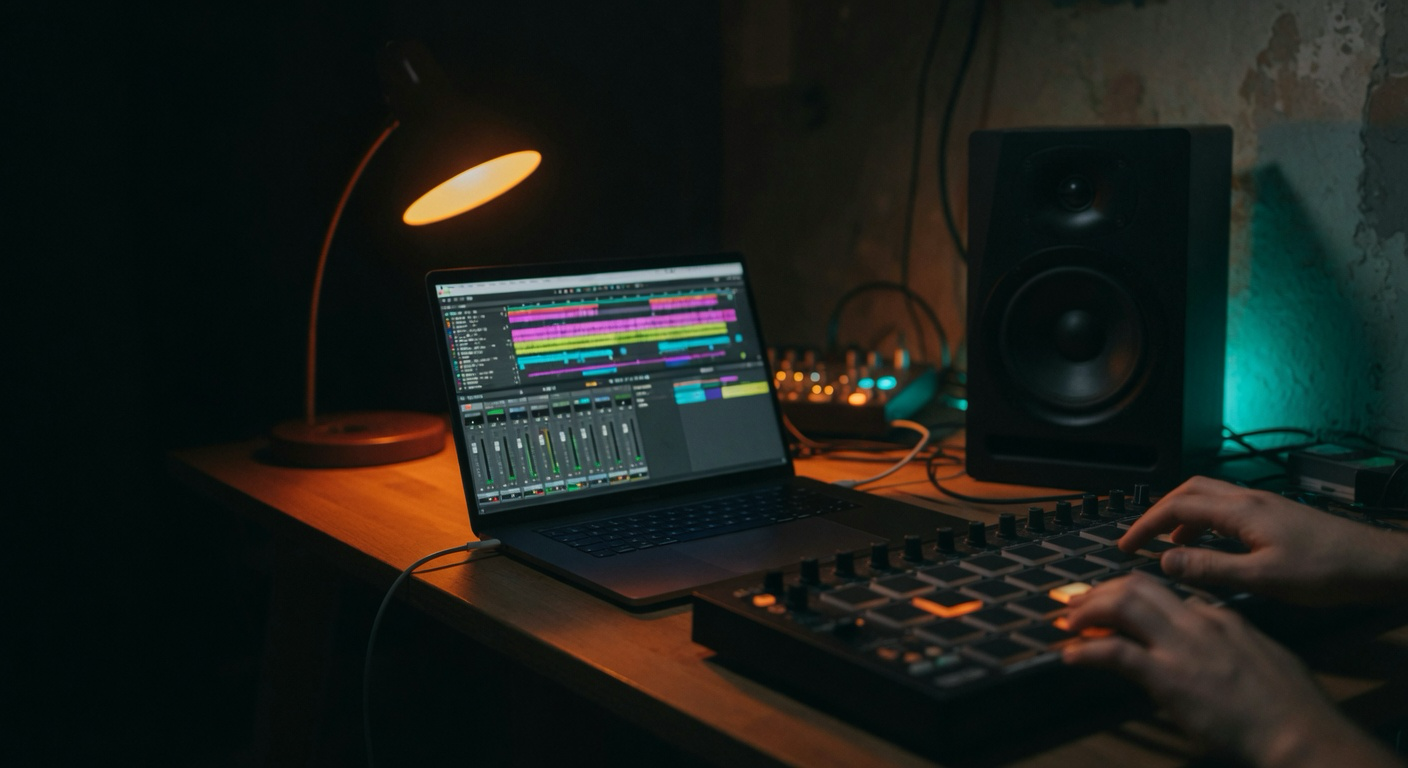 KI-generiert: Producer-Homestudio mit Laptop, DAW, Studiomonitor und MIDI-Controller