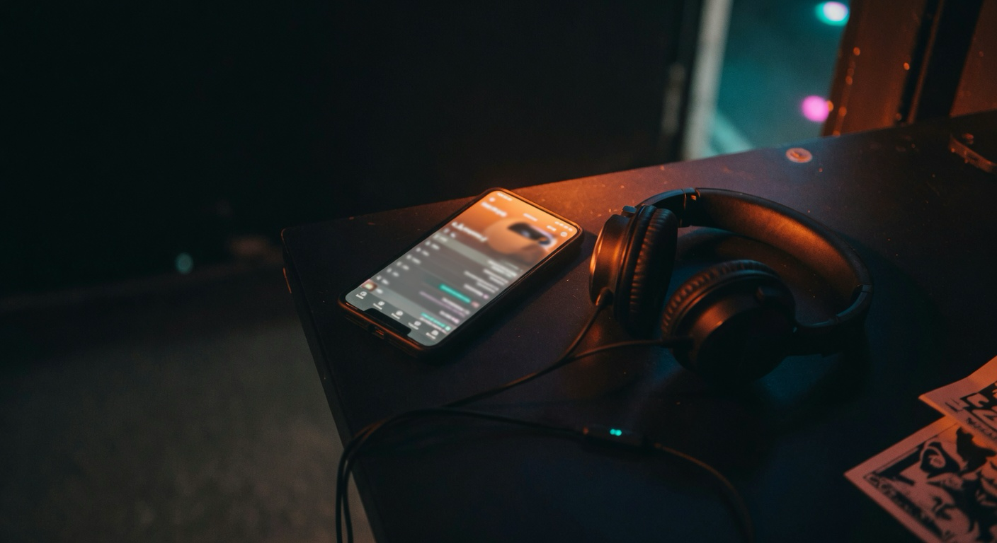 Smartphone displaying a music streaming app and playlist next to headphones