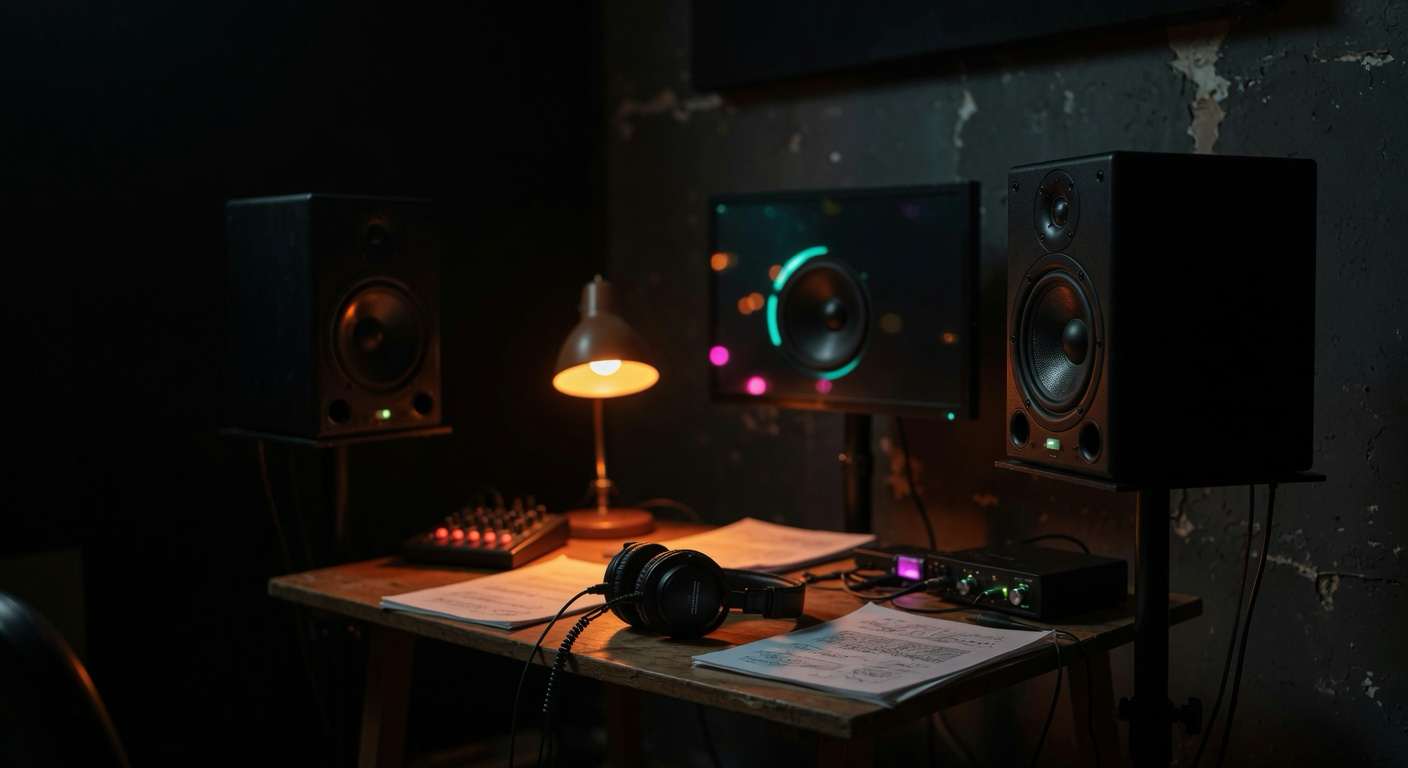 Studio monitoring setup with near-field monitors and studio headphones on a desk