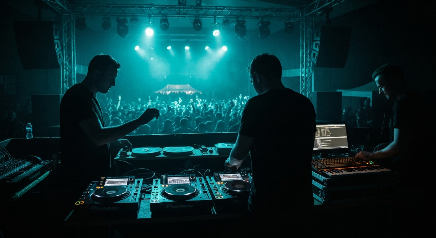 Berliner Techno-Keller bei 2 Uhr nachts: dunkler Booth gegen pulsierendes Bühnenlicht. Hände an einem patchverkabelten modularen Synthesizer (Eurorack), Teal-LED-Glow zwischen den Modulen, im Hintergr