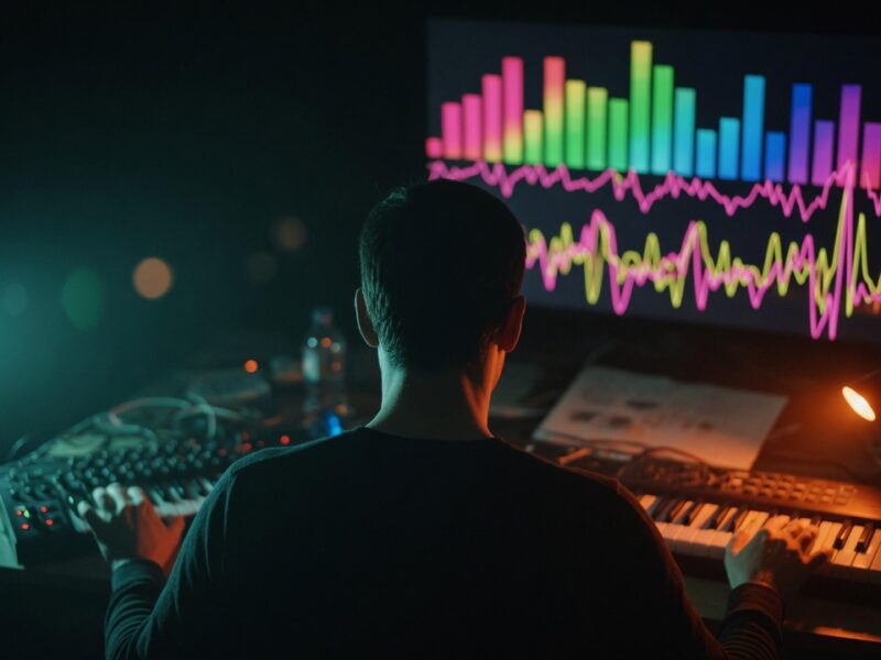 KI-generiertes Beitragsbild: Musikproducer von hinten an Keyboard und Controller, Monitor mit bunter Klang-Visualisierung im dunklen Studio