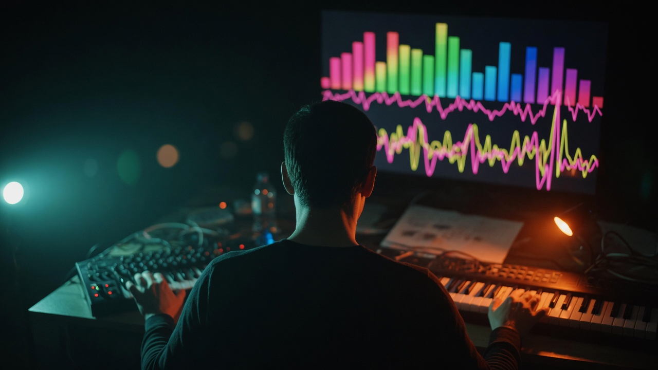 KI-generiertes Beitragsbild: Musikproducer von hinten an Keyboard und Controller, Monitor mit bunter Klang-Visualisierung im dunklen Studio