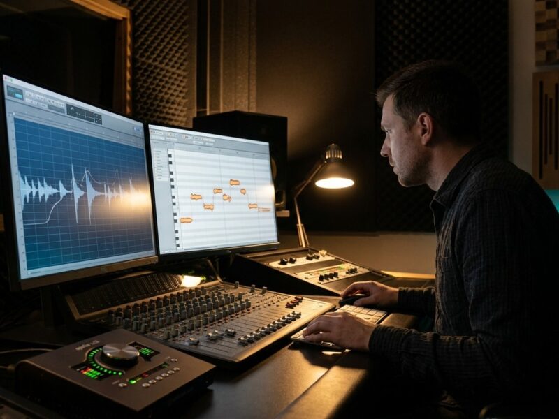 Toningenieur im Studio vor zwei Monitoren mit Audiowellenform, Notenraster und Mischpult