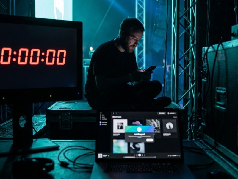 Backstage sitzt ein Mann mit Smartphone neben Monitor mit rotem 00:00:00-Countdown und Laptop.