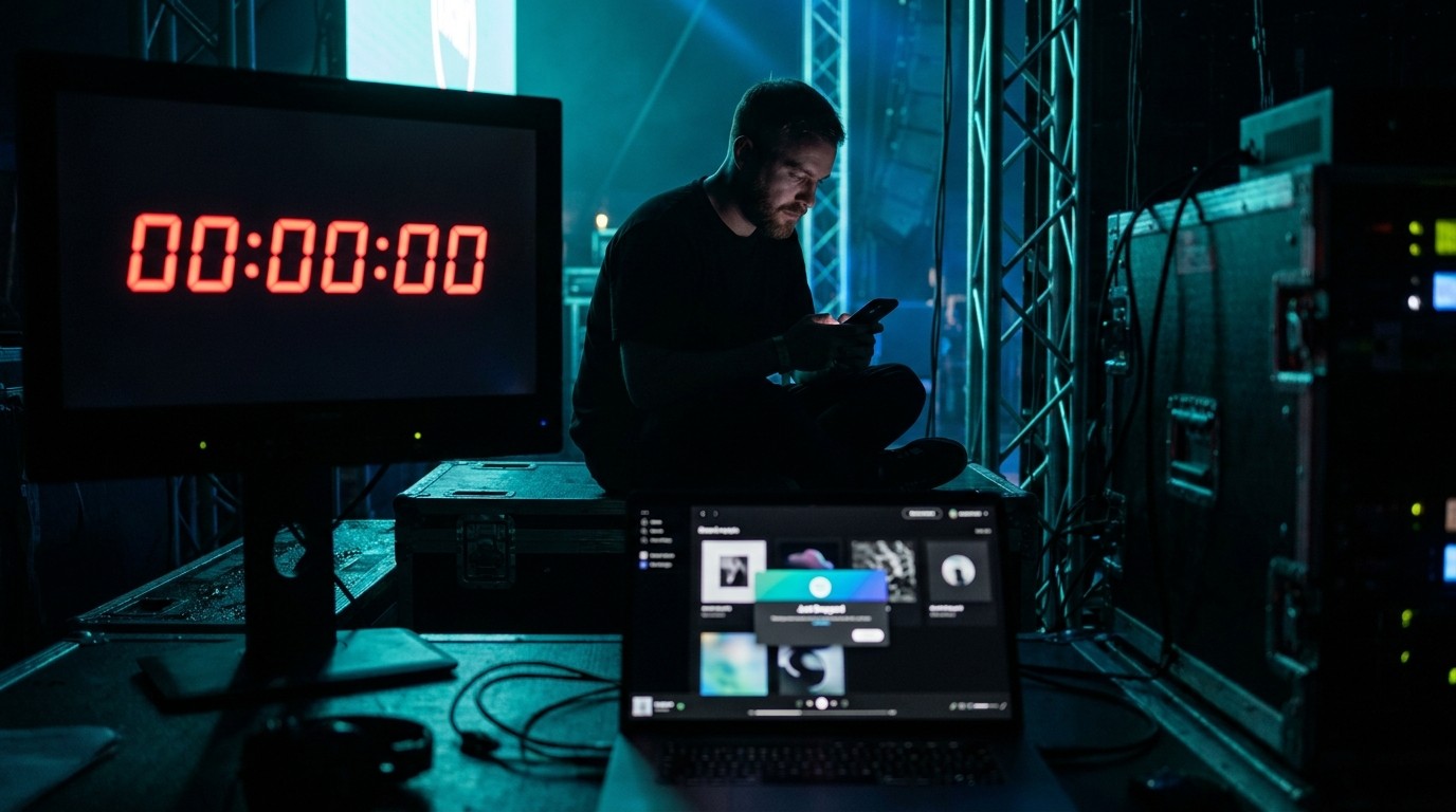 Backstage sitzt ein Mann mit Smartphone neben Monitor mit rotem 00:00:00-Countdown und Laptop.