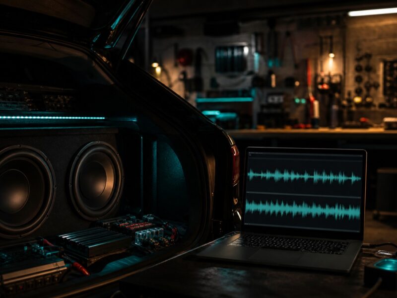 Offener Kofferraum mit Lautsprechern, Verstärkern und Laptop mit Audio-Wellenform in einer Werkstatt