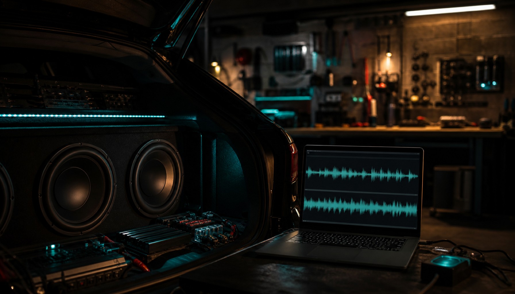 Offener Kofferraum mit Lautsprechern, Verstärkern und Laptop mit Audio-Wellenform in einer Werkstatt