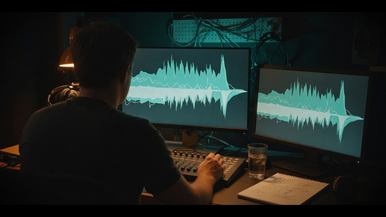 Person an einem Studiotisch vor zwei Monitoren mit türkisfarbenen Audiowellen und Mischpult.