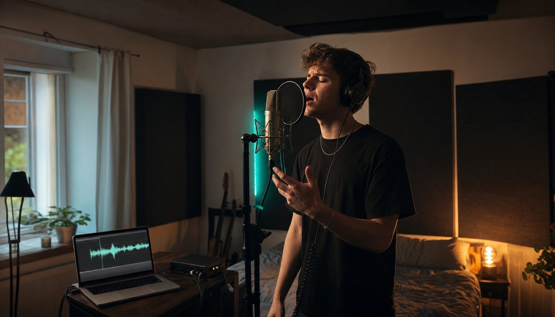 Sänger mit Kopfhörern nimmt im Home-Studio vor Mikrofon und Laptop Vocals in einem Schlafzimmer auf.