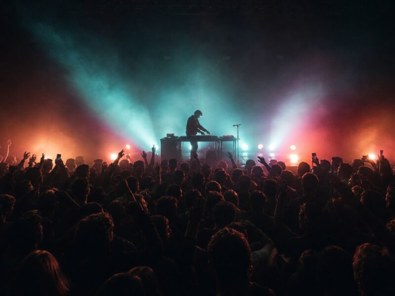 DJ steht auf einer Konzertbuehne vor dichtem Publikum, umgeben von Nebel und farbigen Scheinwerfern.