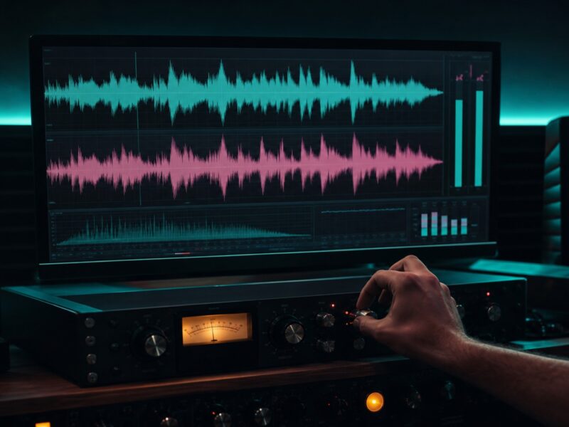 Monitor mit zwei farbigen Audio-Wellenformen, Pegelanzeigen und Studioboxen an einem Mastering-Platz