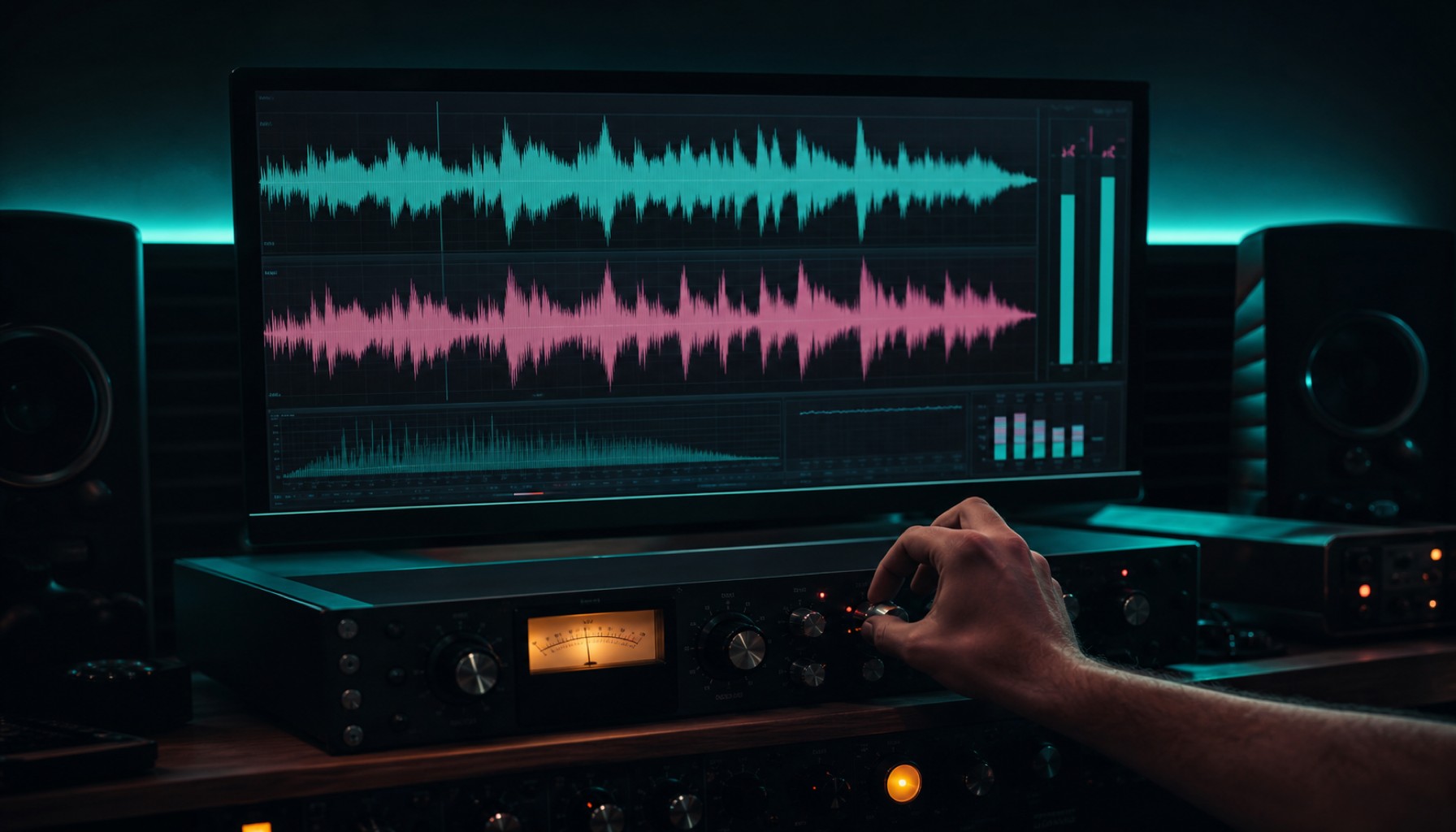 Monitor mit zwei farbigen Audio-Wellenformen, Pegelanzeigen und Studioboxen an einem Mastering-Platz