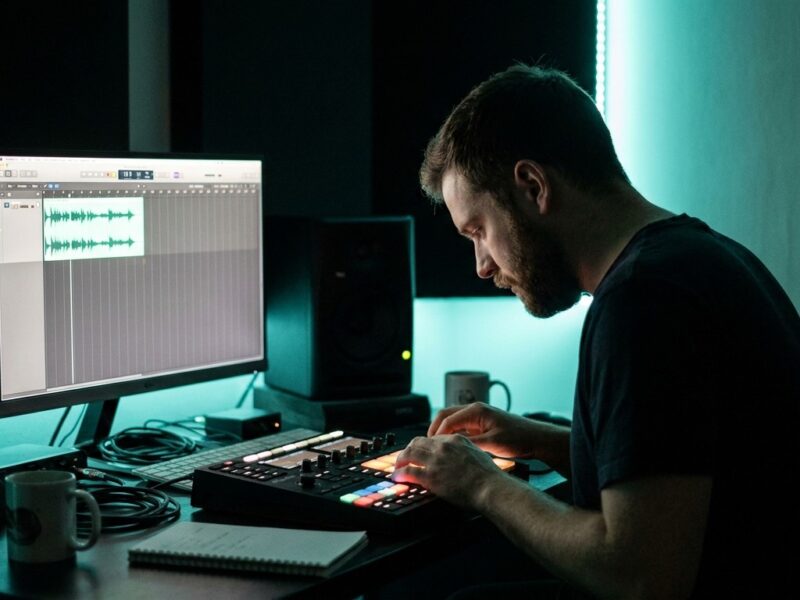 Musikproduzent sitzt im dunklen Studio vor Monitor, Lautsprechern und beleuchtetem MIDI-Controller.