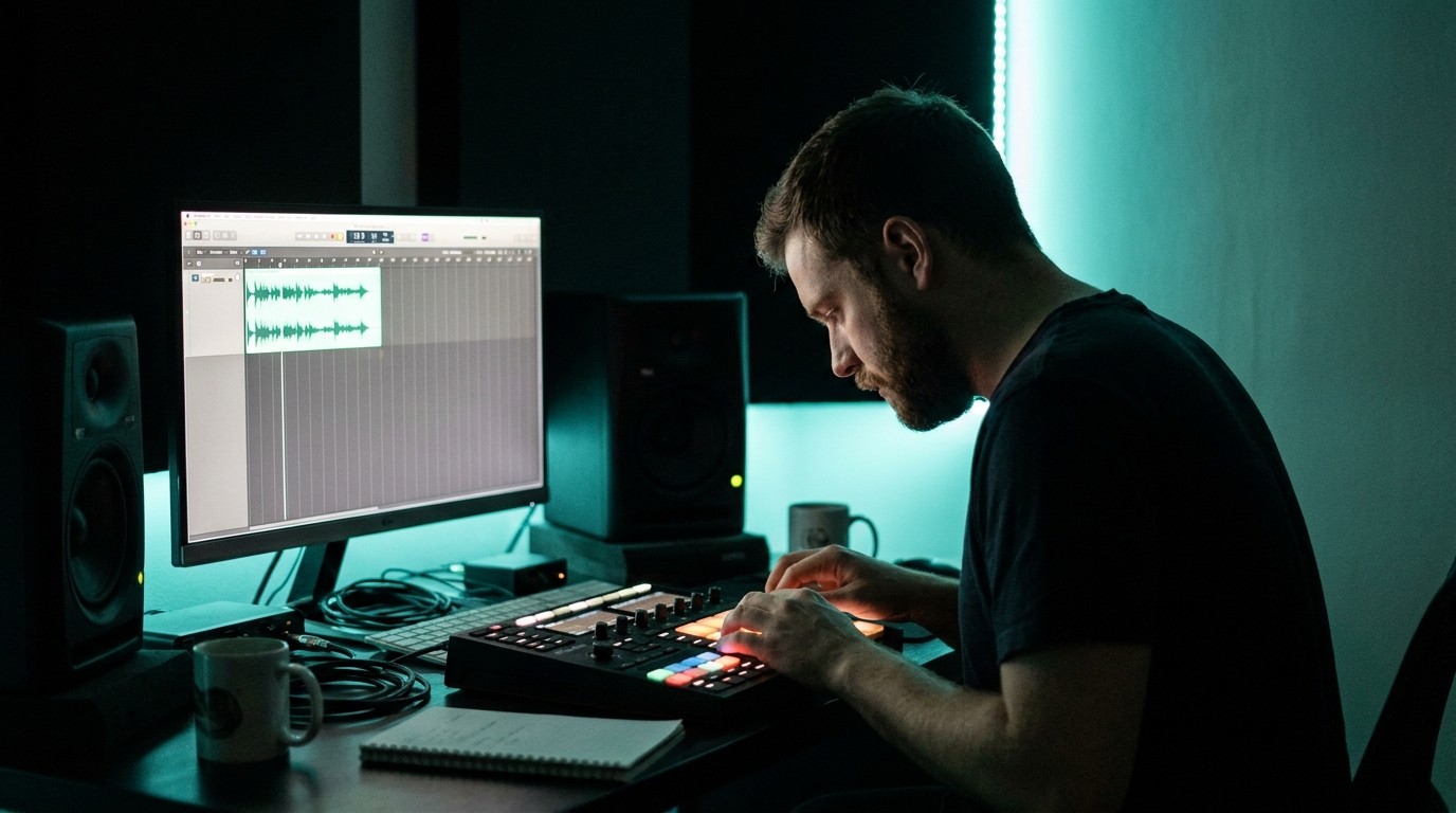 Musikproduzent sitzt im dunklen Studio vor Monitor, Lautsprechern und beleuchtetem MIDI-Controller.