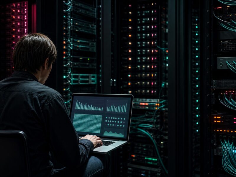 Person mit Laptop sitzt in dunklem Serverraum zwischen Racks, Kabeln und leuchtenden Anzeigen.