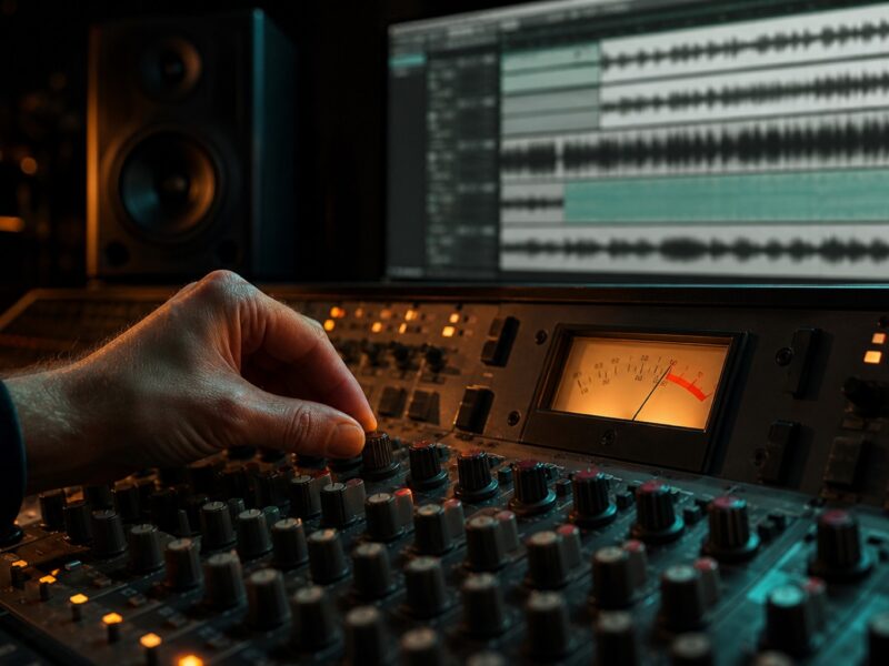 Hand dreht Regler an einem Mischpult, daneben leuchtender VU-Meter und unscharfe Audiospuren am Monitor