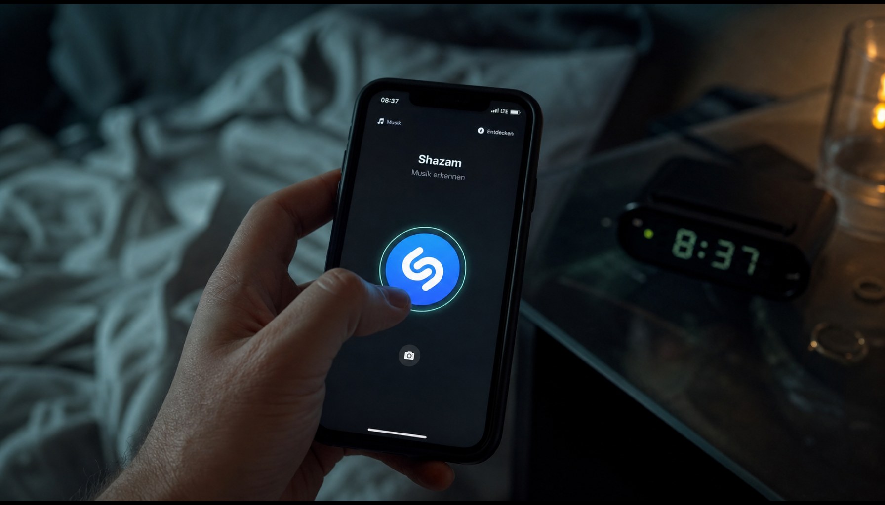 Eine Person versucht morgens, eine im Kopf hängengebliebene Melodie per Shazam zu identifizieren - doch die App erkennt nur abgespielte Musik.