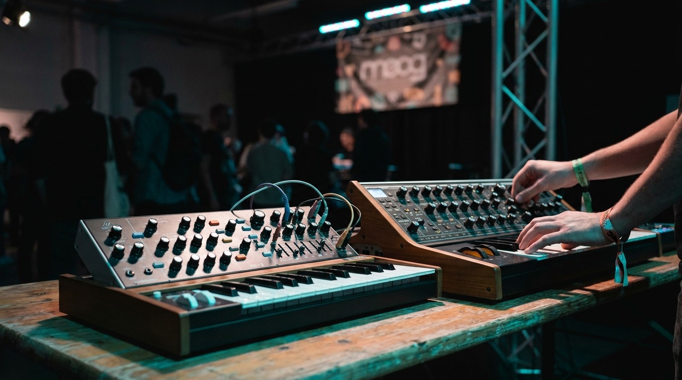 Zwei analoge Synthesizer mit Reglern und Patchkabeln auf einem Holztisch vor unscharfem Publikum