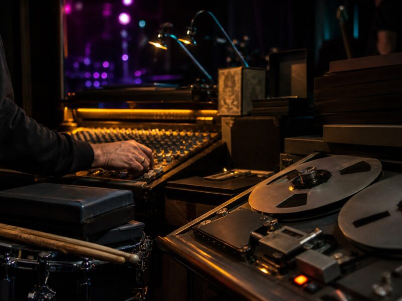 Tonstudio mit Mischpult, Bandmaschine, Schlagzeugsticks und Person an den Reglern im Dunkeln