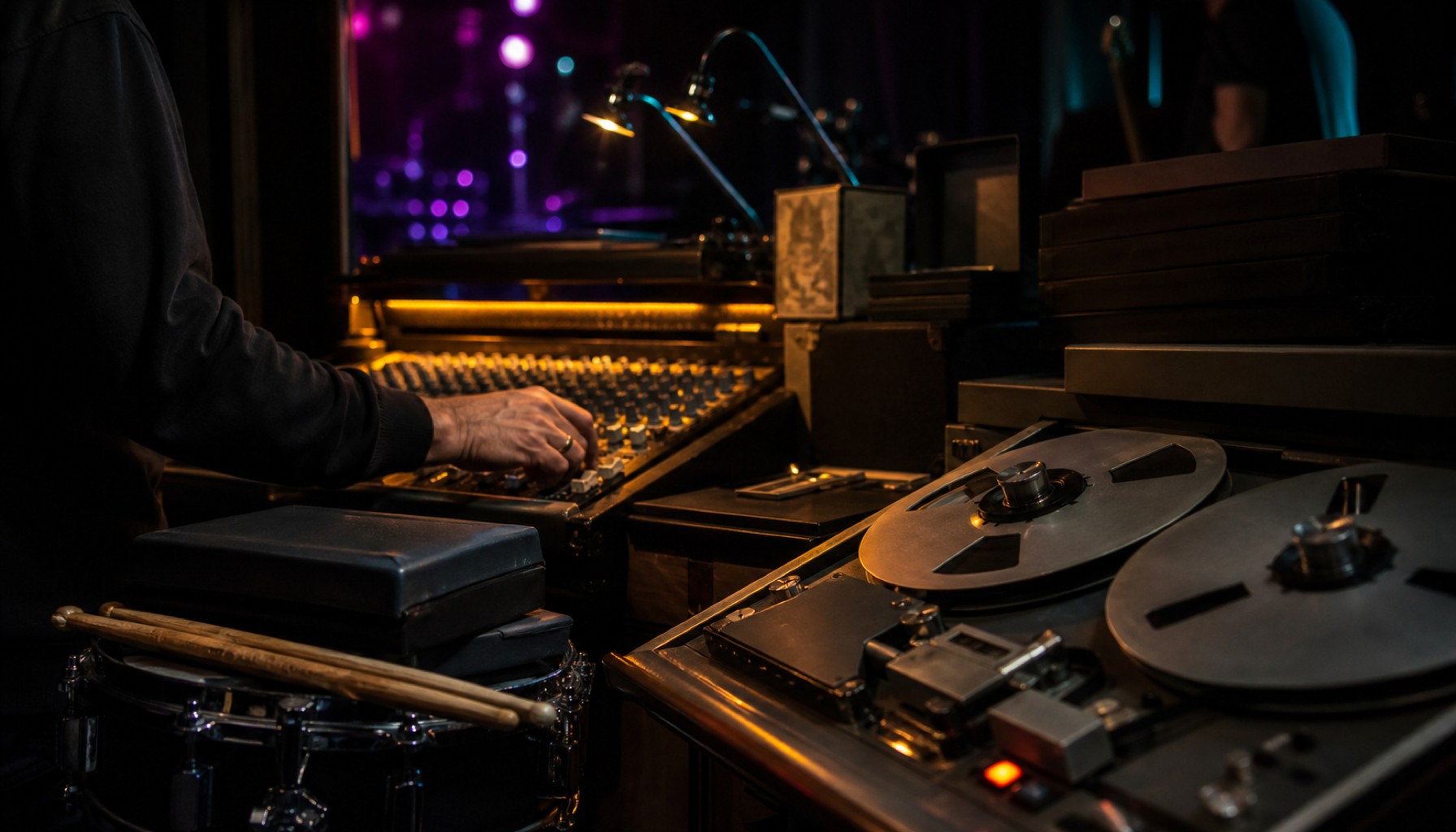 Tonstudio mit Mischpult, Bandmaschine, Schlagzeugsticks und Person an den Reglern im Dunkeln