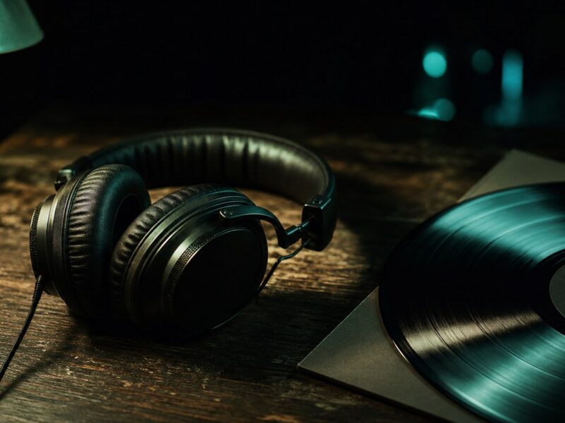 Documentary music photography: late night headphones on a wooden desk next to vinyl edge and soft sage green lamp light, album first listen mood, no text no logos no faces, cyan-teal atmosphere for mu
