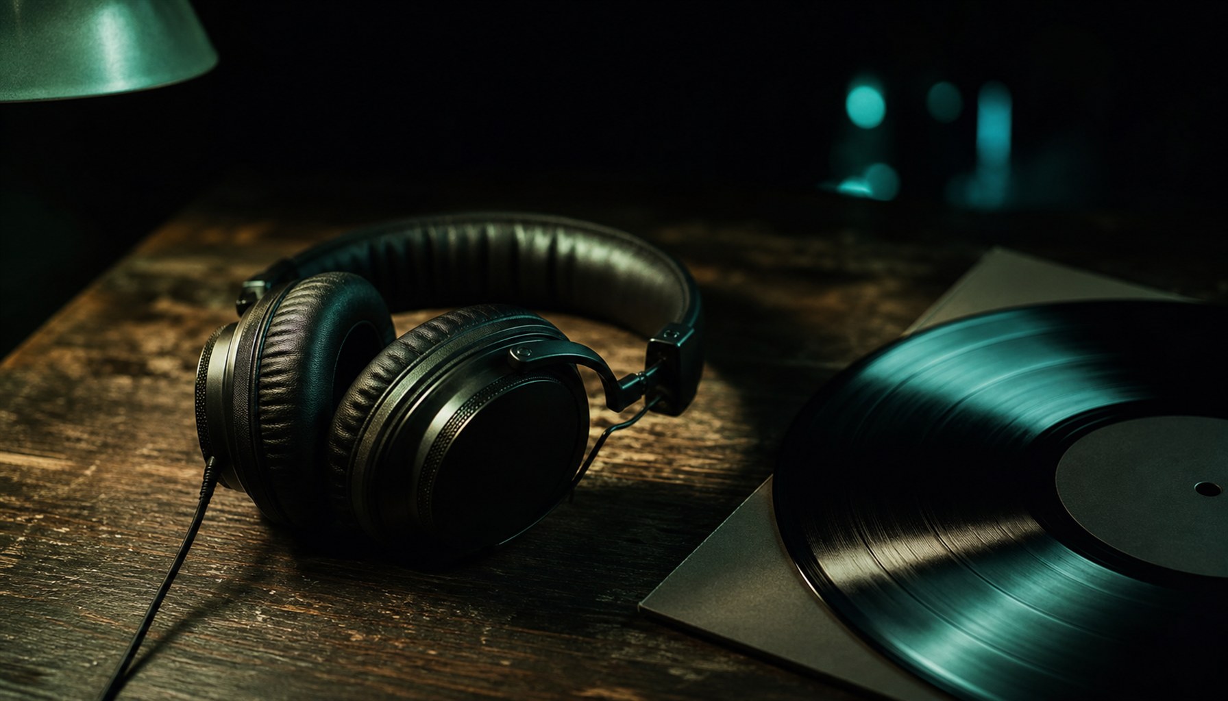 Documentary music photography: late night headphones on a wooden desk next to vinyl edge and soft sage green lamp light, album first listen mood, no text no logos no faces, cyan-teal atmosphere for mu
