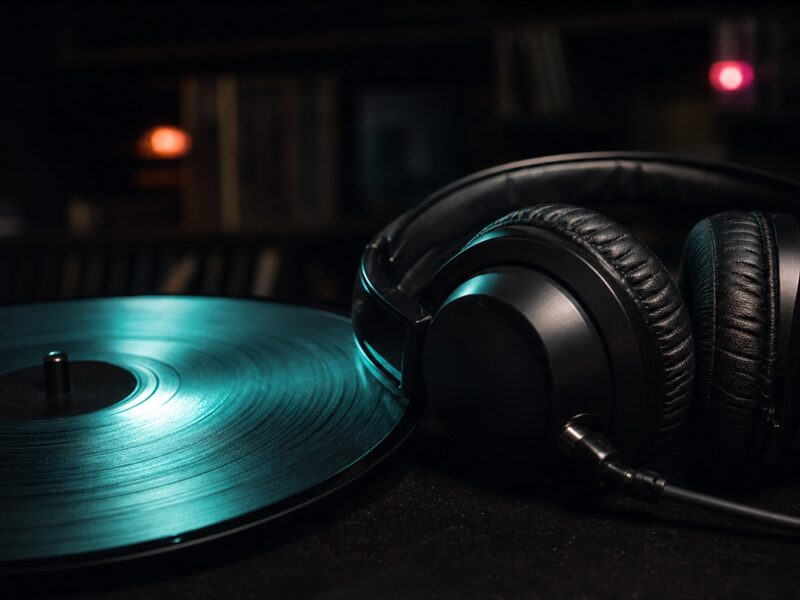 Documentary music photography dark: vinyl record edge and headphones on black table with teal stage light reflection, indie record store mood, no text no logos no faces, single 16:9