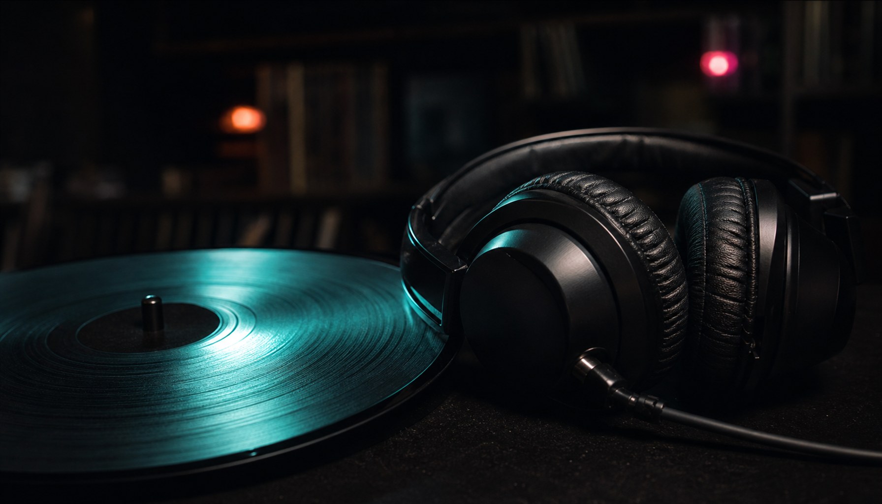 Documentary music photography dark: vinyl record edge and headphones on black table with teal stage light reflection, indie record store mood, no text no logos no faces, single 16:9