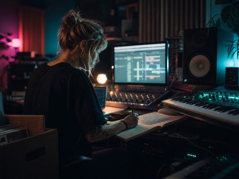 Person schreibt in einem dunklen Musikstudio neben Keyboard, Monitor, Lautsprecher und Plattenkiste.