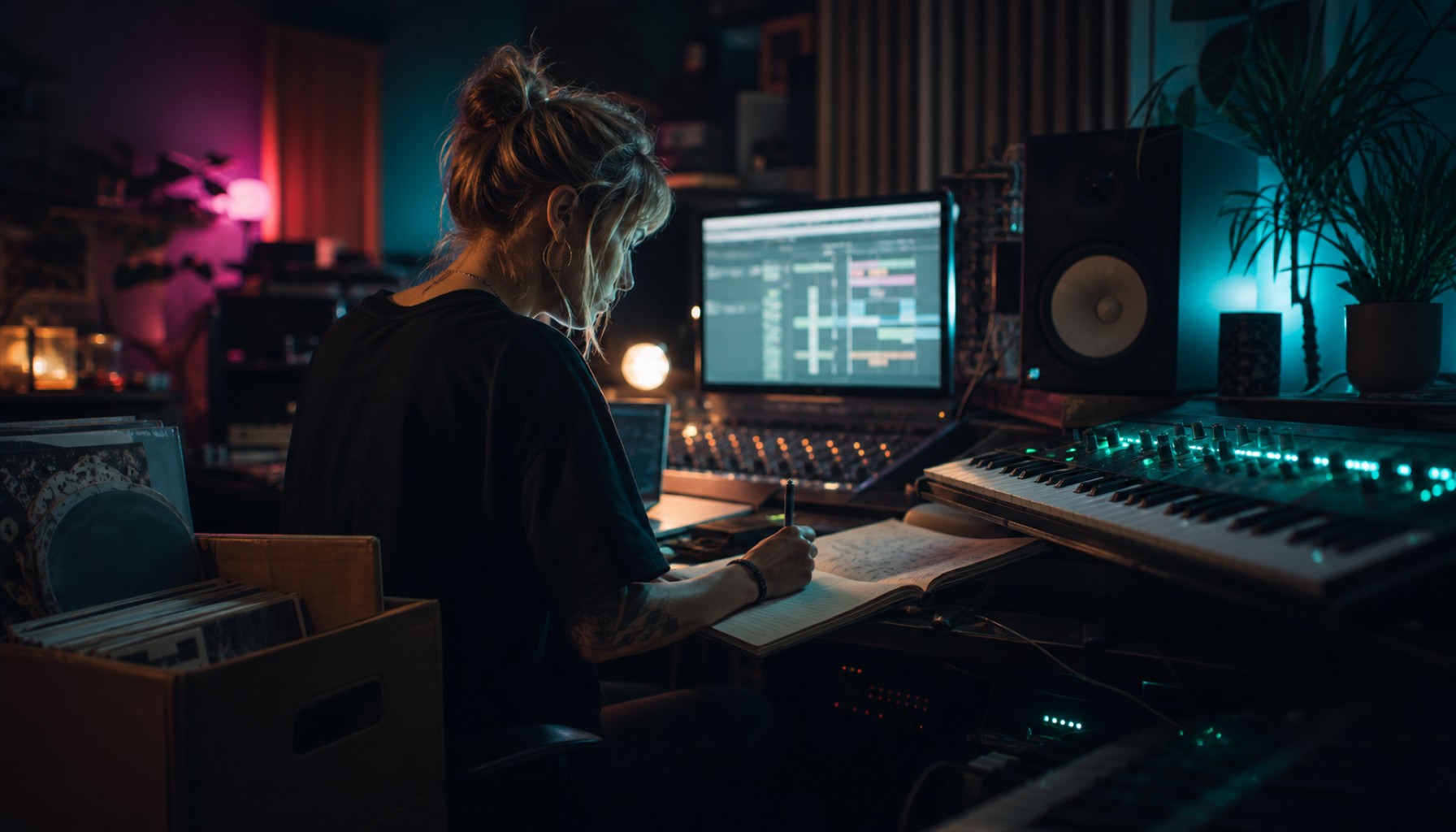 Person schreibt in einem dunklen Musikstudio neben Keyboard, Monitor, Lautsprecher und Plattenkiste.