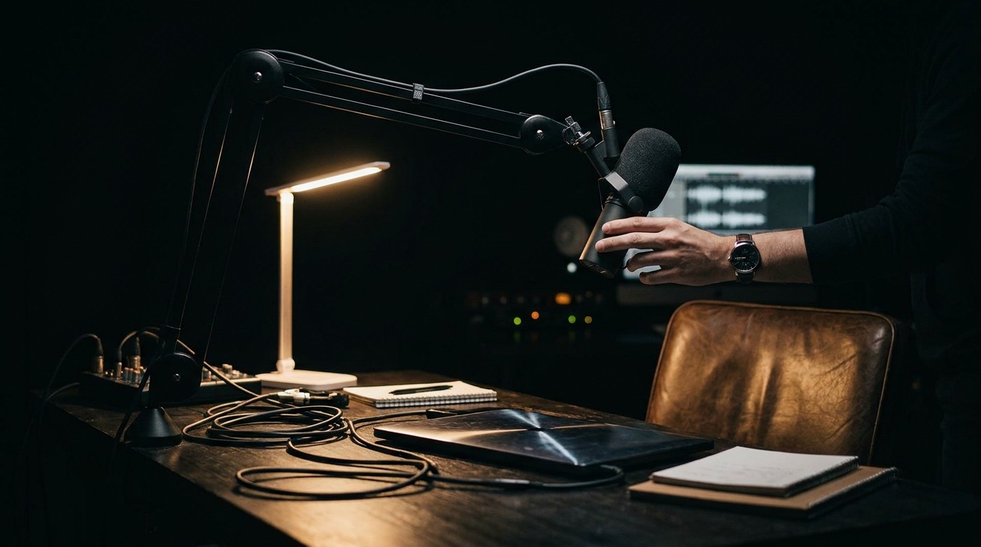 KI-generiertes Beitragsbild zum Artikel Dynamische Podcast-Mics: 4 für Stimme und Nähe