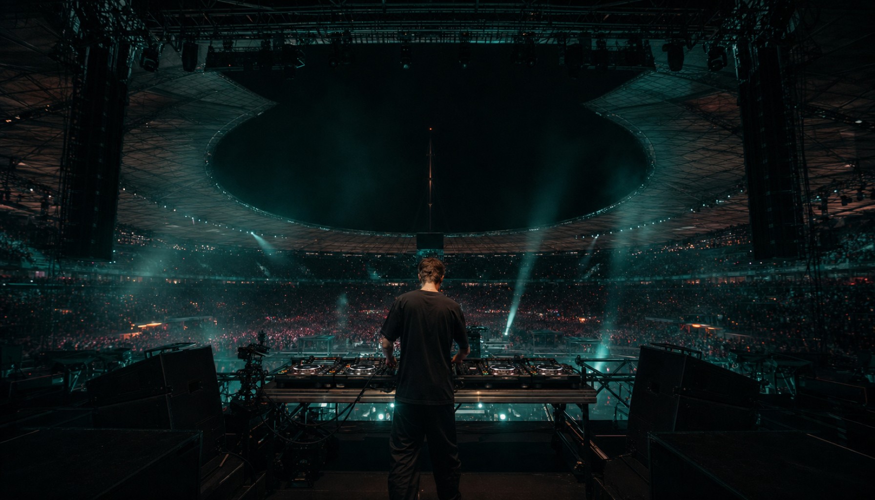 DJ steht mit Mischpult auf einer Stadionbühne vor dichtem Publikum und beleuchteten Rängen