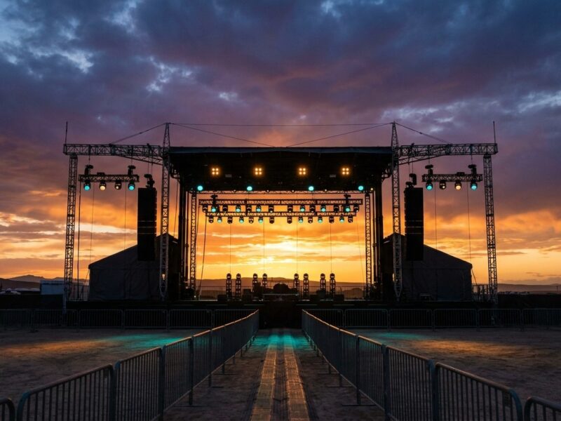 Leere Open-Air-Bühne mit Absperrgittern, Scheinwerfern und Wolkenhimmel bei Sonnenuntergang