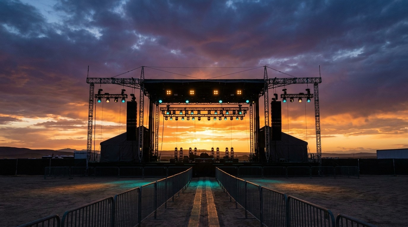 Leere Open-Air-Bühne mit Absperrgittern, Scheinwerfern und Wolkenhimmel bei Sonnenuntergang