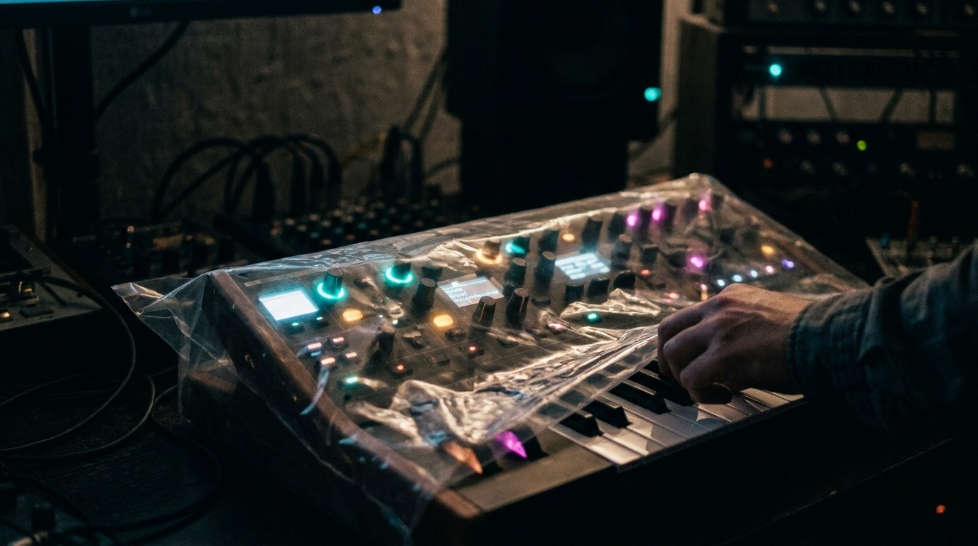 Ein Korg-Synthesizer unter transparenter Folie mit beleuchteten Reglern in einem dunklen Studio.
